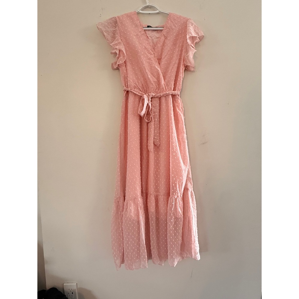 Chic Style Pink Swiss Dot Midi Dress Ruffle Sleeve Wrap Cottagecore Small